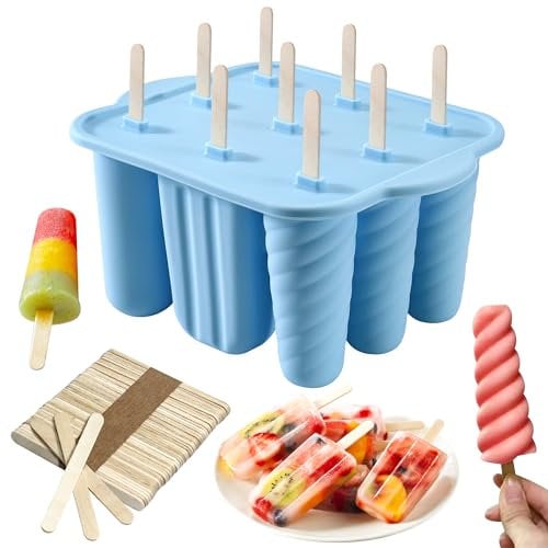 Molde para paletas de 9 cavidades con 50 palitos de madera, moldes de silicona para polos de hielo, moldes para paletas caseras, sin BPA, moldes de helado para niños, herramientas de cocina para el