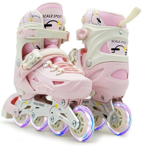 Scale Sports Pattini in linea regolabili con 8 ruote luminose, pattini in linea per bambini e adulti, per ragazzi e ragazze (rosa, S C11-1, EU 29-32)