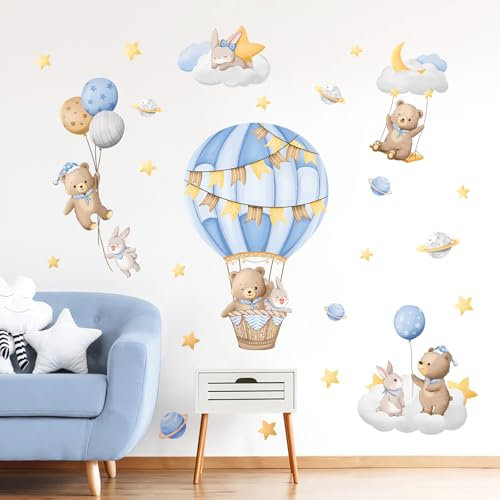 Tanlaby Mongolfiera Blu Adesivo da Parete Orso Coniglio Stelle Nuvole Adesivi Murali Animali a Palloncino Decorazione Murale per la Cameretta dei Bambini Camera da Letto Aula