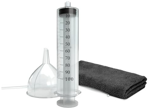 Rasenmäher Ölwechsel Set mit Öltrichter Ölabsaugspritze 100ml Tuch 40x40 cm | Öltrichter-Set mit Öl Spritze für Maschinen mit Verbrennungsmotor z. B. Rasenmäher Vertikutierer Kettensäge