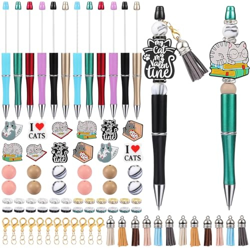 WEWAYSMILE 12 Stück Set DIY Kugelschreiber Perlenstifte Mit Perlen Cartoon-Kugelschreiber Geeignet Für Büros Schulen Geschenke Kunsthandwerk Bürobedarf（Katze ）