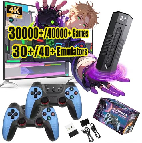 X2 Blue Retro Game Stick - 4K Retro Video Game Console Built-in 30000+ Games,Supports 30+ Emulators,with 2 Wireless Controllers,Plug And Play,Home,TV/Computer,gift for men husband (64G)