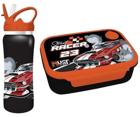 Diakakis Kids Kinder Lunchbox Set - Sandwichbox & Aluminium Wasserflasche 500ml - Schule Reise Mittagessen Essen Set BPA Frei (Cars Racing)