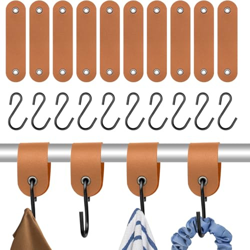 Veftsvy 10 Stück S Haken mit Lederschlaufe, 12,5 x 3cm Haken zum Einhängen, Edelstahl S Haken, Kleiderhaken für Garderobe Kleiderstange Stange Küche Badezimmer - Braun