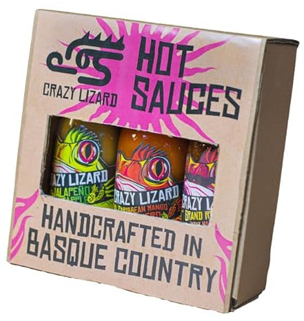 CRAZY LIZARD - Pack de regalo 3 Salsas Picantes originales 125 mL - Diferentes intensidades - 100% Naturales, Veganas, sin gluten. Pack regalo gourmet picante - Sabores únicos y exóticos.