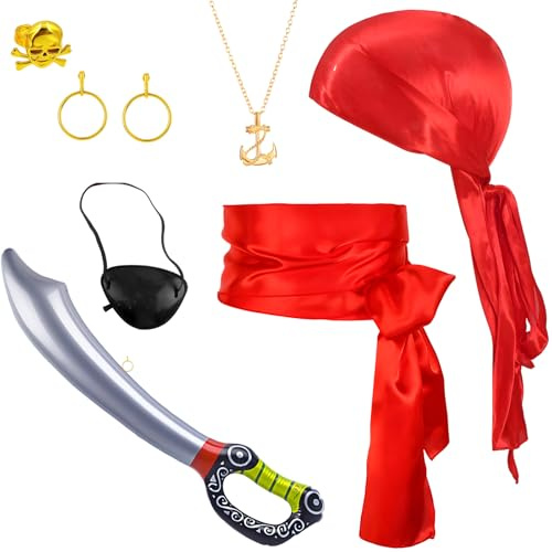 Augenklappe Pirat, 8-teiliges Piratenkostüm Damen Accessoires für Erwachsene, Piratenkostüm Damen Herren, Piraten Accessoires mit rotem Tuch, Gürtel, Augenbinde, Säbel, für Halloween und Mottopartys