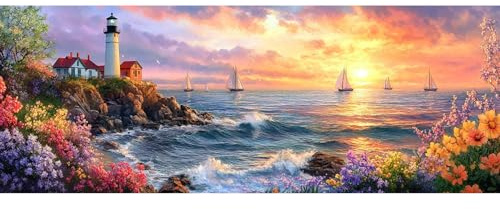 Bimkole Grande Kit De Pintura Por Números Para Adultos Faro, Kit De Pintura Al óleo Sobre Lienzo Para Paisaje Paint by Numbers Principiantes, Para Decoración De Pared Del Hogar 30x80 cm