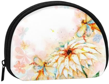 Flying Dragonflies Lily Flower Print Portable Mini Storage Bag Shell Shaped Wallet Small Coin Wallet Shell Storage Bag