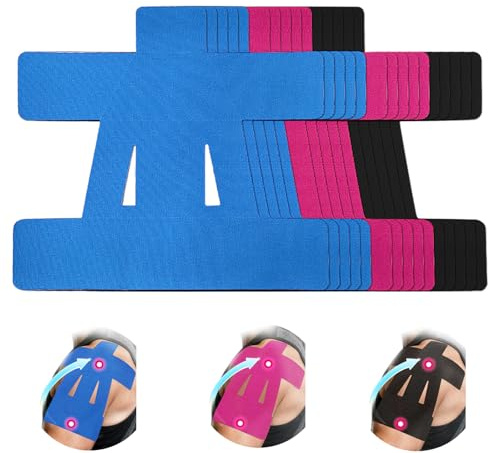 12 pcs tape kinesiologie Shoulders,bande kinesiologie Pre-Cut Shoulders,Waterproof, breathable, hypoallergenic kinesio tape,avec un adhésif durable qui tient pendant 4 à 7 jours(Noir + Bleu + Rose)