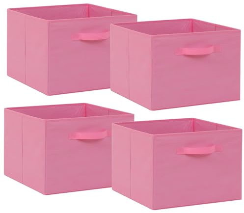 BonChoice Foldable Storage Cubes Boxes Pack of 4 with Handle for Home Organization, Fabric Wardrobe Storage Box Organizer Basket Bins for Clothes Toys Towels, Collapsible&Durable (4, Pink, 33x38x33cm)