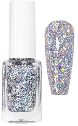 Silver Glitter Nail Polish,Flash Shinny Silver Nail Varnish,Quick Drying & Long Lasting Nail Polish,Breathable & Water-Based Diamond Sparkle Nails Varnish,DIY Nails Art Manicure At Home,No Need Cure