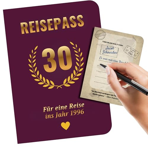 EQUIK PRODUCTS Geburtstagskarte zum 30. Geburtstag | Reisepass-Gästebuch für Männer & Frauen | Unterschriftenbuch mit Spielen | Jahrgang 1996 | Reise in die 90er (30-jähriges Jubiläum)