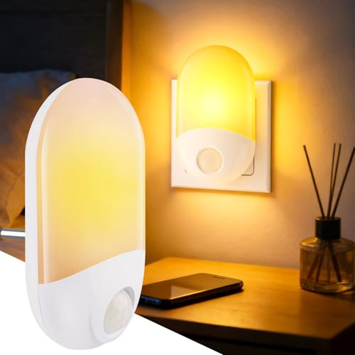 Hekasvm LED Nachtlicht Steckdose mit Bewegungsmelder, Lampe Kinder mit Dämmerungssensor, ON/OFF/AUTO Modi, 2700K Warmweiß, LED Licht Innen für Wohnzimmer Schlafzimmer Flure Treppen