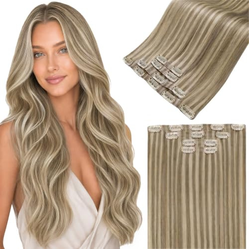 LaaVoo Invisible Clip in Extensions Echthaar Highlight Blond Extensions Echthaar Clips Goldene Blond Mittelblond Haarverlängerung Extensions Clips Glatt 45cm 4pcs 90g #16/22