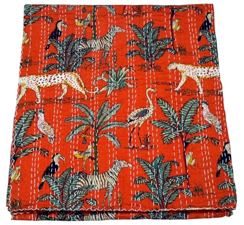 Arprani Indische handgefertigte Kantha-Steppdecke, Tierdruck, Baumwolle, Tagesdecke, wendbar, Überwurf, Decke, handgefertigte Steppdecken