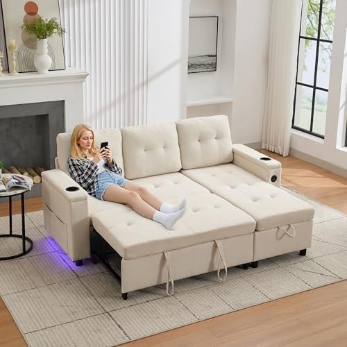 YanguVibes Sofa Ecksofa mit Schlaffunktion, 3 Sitzer Schlafsofa mit LED und Bettkasten Ausziehbar, L Form Schlafcouch Wohnlandschaft für Wohnung, Wohnzimmer, Beige