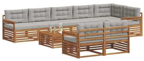 vidaXL Outdoor-Sofagarnitur mit Kissen 9 pcs Natürlich und Hellgrau, Garten, modernes Sofa für draußen, schicke Lounge-Möbel, haltbar und bequem für Deine Terrasse