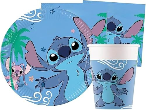 Kit Festa Stitch 36 Pezzi – 8 Piatti 20 cm, 8 Bicchieri 200 ml, 20 Tovaglioli – Decorazioni Party Bambini Tema Stitch (kit completo)