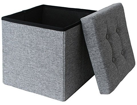 Ashley Mills Linen Fabric Folding Storage Ottoman Box Seat Foot Stool with Cushion Grey/Silver 38 x38 x38 cm 1 Seater