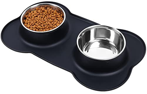 VIVAGLORY Bols pour Chiens, Bols pour Nourriture pour Chiens, Bols pour Eau pour Chats et Chiots en Acier Inoxydable avec Tapis en Silicone Antidérapant et Anti-éclaboussures, Grand, Noir