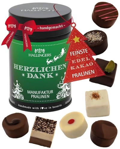 Hallingers Genuss Manufaktur Pralinen Weihnachts-Geschenk - ohne Alkohol, handmade aus Confiserie-Edelkakao in wertiger Geschenkdose Herzlichen Dank..., Weihnachten für Frauen Männer