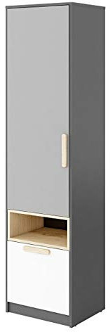 Mirjan24 Kleiderschrank Pok PO03 mit 5 Einlegeböden und Schublade, Hochschrank, Universal Schrank für Jugendzimmer (Graphit/Buche Ibsen/Hellgrau/Weiß)