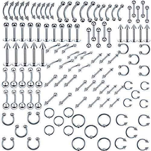 Piercing Set 120x Edelstahl Acryl Mix Körperschmuck Studs Barbells Bananabells für Ohr Lippe Nase Zunge Augenbrauen Nippel Piercing Ring Multizweck Stahl Piercing(1.2 * 10MM/*8MM)