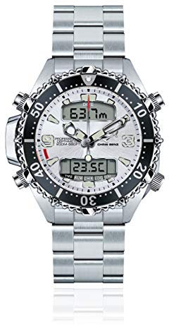 CHRIS BENZ Depthmeter Digital 200M Taucheruhr mit Metallband, Haifischsilber