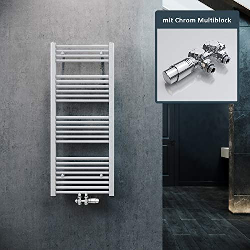 ELEGANT Radiatore da bagno, 1200 x 500 mm, colore bianco, con attacco centrale, termosifone, scaldasalviette con termostato cromato multiblocco