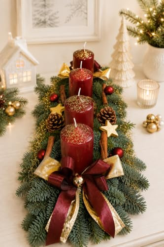 excl. Adventskranz frisch Bordeauxrot Gold länglich 60 cm Weihnachten Advent Gesteck