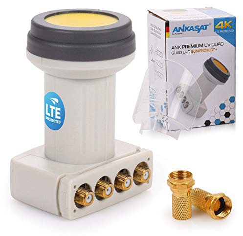 ANKASAT - ANK Premium UV Quad LNB + Wetterschutz Kappe, 4 Teilnehmer zum Direktanschluss, Hitze und Kältebeständig -35° ~ +70°C, ausziehbarer Wetterschutz, HDTV, 4K, UHD, LTE Abschirmung