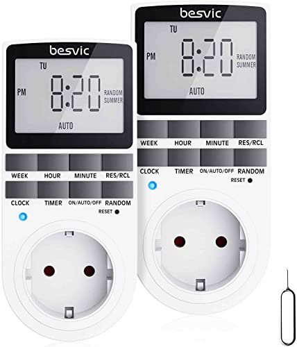 Temporizador Enchufe, Besvic 3680W Programador Enchufe Digital con Pantalla LCD Grande, 10 Programas Diarios y Modo Antirrobo, Enchufe Programable Ahorro Tiempo y Energía (2 Pack)