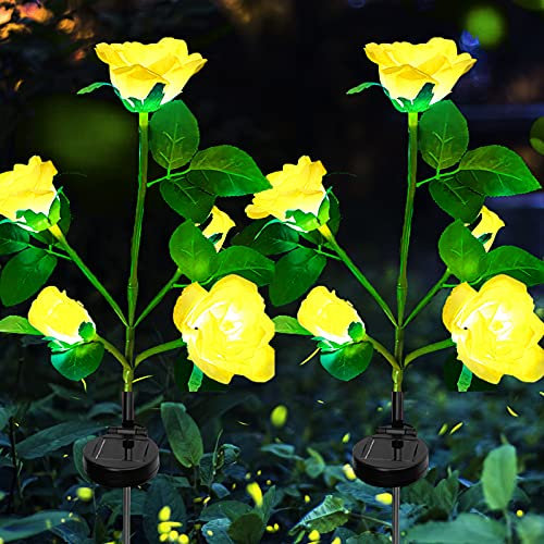 ZQX Solar gartenleuchten für außen, 2 Stück LED Solar Rosen mit 10 Größeren Blumen und Breiteren Sonnenkollektoren, IP65 Wasserdicht Solarlampe für Außen Deko Stehend Balkon Outdoor Terrasse (Gelb)