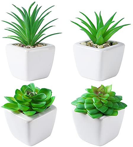 Artificial Plants Indoors In Pots, Fake Plants Outdoor, Mini White Ceramic Potted, Green Succulents Decor for Bedroom Aesthetic, Faux Desk Plant for Bathroom, Living Room, Office Decoration, Set of 4