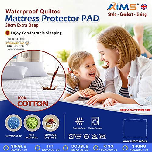 Protector de colchón acolchado impermeable 100% algodón [individual] Funda bajera ajustable TC200 acolchada sábana bajera, antialérgico, transpirable, lavable a máquina, faldas elásticas