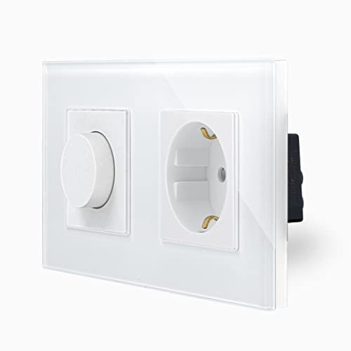 Luxus-Time Schuko Steckdose + Drehdimmer Dimmer Drehregler LED Dimmschalter 500W Phasenabschnittsdimmer Schalter Lichtschalter für Dimmbare Glühlampen und LED-Lampen geeignet UP inkl. Glasrahmen Weiß