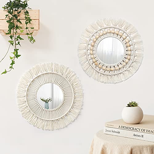 LOMOHOO Lot de 2 miroirs muraux à suspendre avec franges en macramé - Style bohème - Tissage antique - Pour appartement, salon, chambre à coucher, chambre de bébé