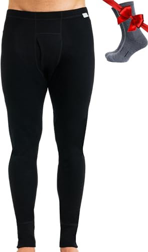 Merino Unterwäsche Herren - Lange Unterhosen Herren Merino Thermounterwäsche + Wollsocken (Medium, 320 Black)