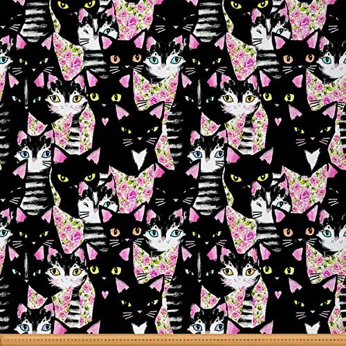 Stoff mit schwarzer Katze von The Yard, Rosen-Blumenmuster, Katzen mit Blumen, Outdoor-Stoff, romantischer Katzenliebhaber, 92 x 150 cm, Rosa / Schwarz