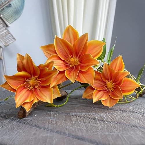 3 Heads Clematis Branch with Leaves Artificial Flowers Home Garden Decoration Fake Plants Blue -Orange
