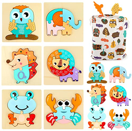 Holzpuzzle für Kinder Ab 2 3 4 5 Jahre, 3D Kinder Holzpuzzle Steckpuzzle Holz Montessori Spielzeug mit Aufbewahrungstasche, Pädagogisches Spielzeug Geschenk für Kleinekinder Jungen Mädchen Baby, 6Pcs