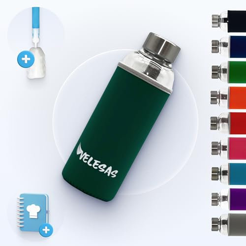 Velesas® Trinkflasche 1l | 500ml mit Schutzhülle | Glasflasche 500ml spülmaschinenfest mit Neoprenhülle und Edelstahldeckel | Wasserflasche für Schule, Arbeit, Fitnesssport, BPA-Frei | Grün
