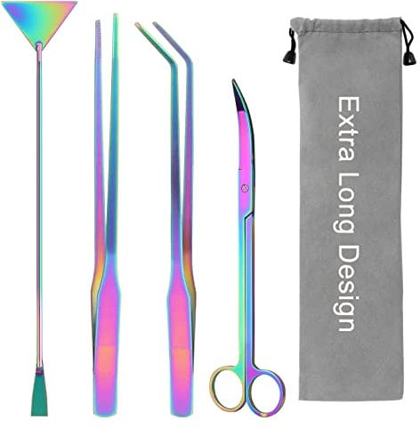 Extra Long Aquarium Aquascape Kits Colorful, 4 in 1 Anti-Rust Aquatic Plant Aquascaping Tool Stainless Steel Tweezers Scissors Spatula for Aquarium Tank Clean Fish Tank Aquascape Tools Sets