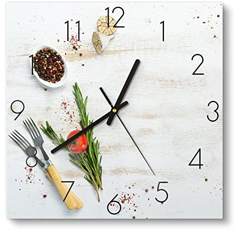DEQORI Glasuhr | 30x30 cm | Motiv Küchenkräuter und Gewürze | ausgefallene leise Design Uhr aus Glas | Wanduhr für Wohnzimmer & Küche | moderne Hingucker Uhr für die Wand