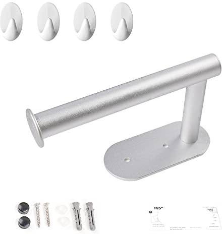 Toilettenpapierhalter Ohne Bohren, Aluminium Badezimmer Klopapierhalter ohne Bohren, Klorollenhalter, WC Papier Halterung, Gebohrt & Selbstklebende Montage Option mit 4 Haken (Aluminium, Silbrig)