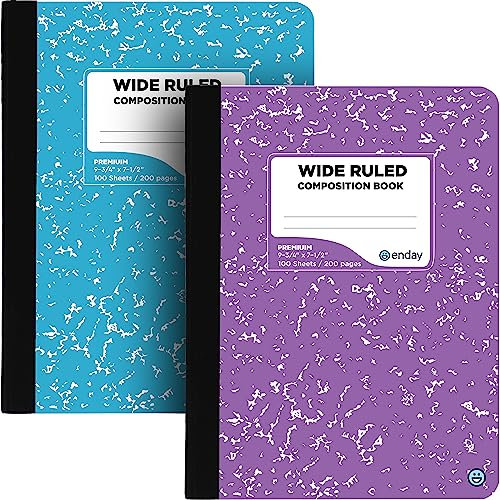 Enday Quaderni per composizione, fogli a righe larghe, copertine per quaderni con composizione in marmo colorato, 100 fogli (200 pagine), quaderni in marmo a righe larghe per la scuola, blu e viola,