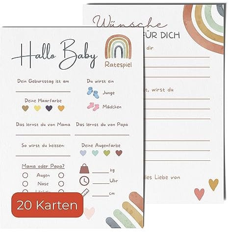 20 Ratespielkarten für Babypartys - Babyparty Spiele für Gender-Reveal-Party und Babyshower, Tippkarten für Baby Mädchen und Jungen 20 Stück (Rainbow)