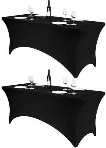 2-Pack 1,8 m Schwarze Spandex montierte Tischdecke, Stretch rechteckige Tischdecke für 6-Fuß-Tische, Waschbare eng anliegende Spandex Tischdecke für Hochzeitsfeier Messe Bankette Events