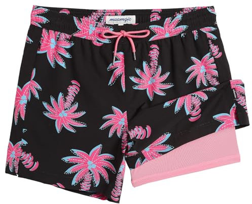 MaaMgic Maillot de Bain pour Hommes avec Compression Short de Bain 2 en 1 | 5.5 Séchage Rapide Short de Natation décontracté Boardshorts avec Pantalon intérieur et Poche,Noir Rose Cocotiers,XL