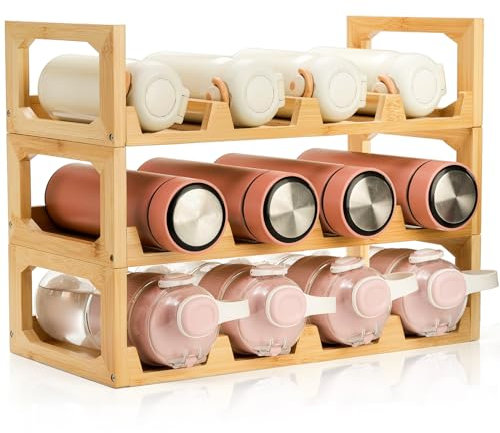 Pumtus 3 Tier Bamboo Water Bottle Organizer, Stackable Bottle Storage Rack, Tumbler Shelf Organizer, Wine Bottle Holder, Drinking Cup Display Rack for Cabinet Kitchen Cupboard, Hold 12 Bottles